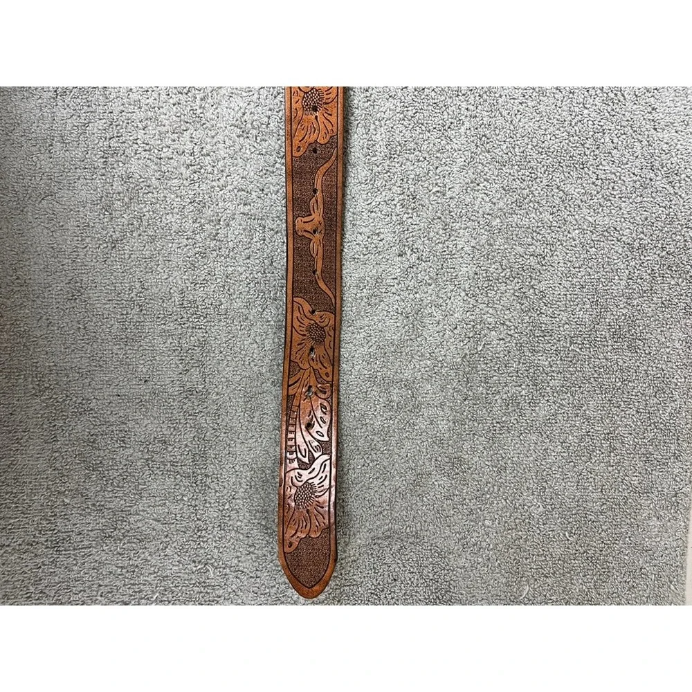 Western Floral Tooled Leather Belt Longhorn Steer Tan Brown Snap On No Buckle